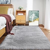 Bedside Grey Rug 4x6 Washable Faux Fur Rug Soft Fluffy Rug for Bedroom Plush Throw Rugs for Living Room Large Room Rug Home Decor, Rectangle