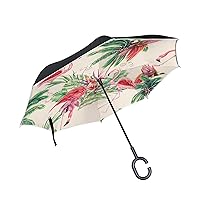 ALAZA Palm Trees Flamingo Tropical Windproof Inverted Open Close Reverse Rain Umbrella Inside Out Quality Waterproof Parasol Upside Down Stick Shelter with Hook c Handle