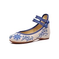 TRC Sunflower Embroidered Women Canvas Ballet Flats Ankle Strap Ladies Casual Cotton Chinese Embroidery Ballerina Shoes