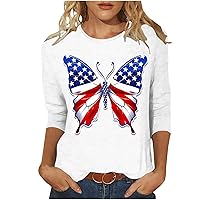 Stars Stripes Butterfly Shirts Women 4th of July Patriotic T-Shirt Casual 3/4 Sleeve Crewneck USA Flag Tee Tops