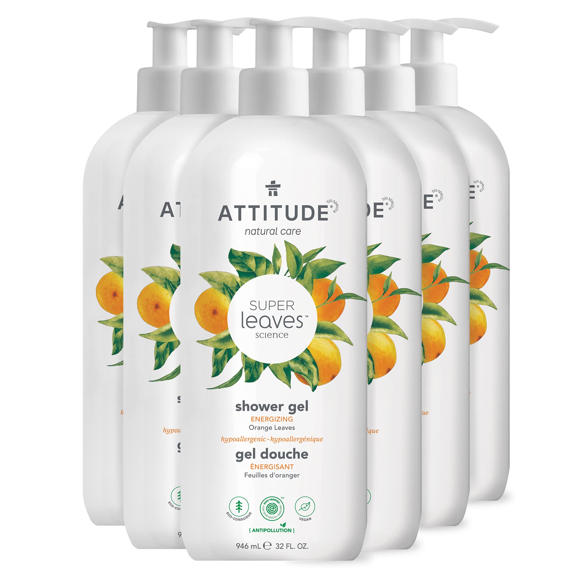 ATTITUDE Body Wash, EWG Verified, Plant- and Mineral-based Ingredients, Vegan and Cruelty-free Shower Soap, Orange Leaves, 32 Fl Oz (Pack of 6) (11598)