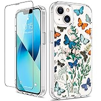 GiiKa for iPhone 13 Case with Screen Protector, Clear Protective Floral Girls Women Shockproof Hard Case with TPU Bumper Cover Phone Case for iPhone 13, Butterfly Flower