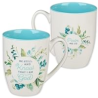Christian Art Gifts Ceramic Scripture Coffee and Tea Mug for Women 12 fl. oz Teal Floral Inspirational Bible Verse Mug - Be Still and Know - Psalm 46:10 Microwave and Dishwasher Safe Mug