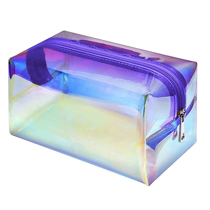F-color Holographic Makeup Bag - Clear Makeup Bag for Women - Travel Clear Cosmetic Bag - Waterproof Large Clear Makeup Pouch with Zipper, Purple
