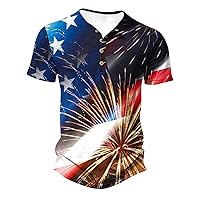 Plus Size Henley Shirts Mens USA Flag Print 4th of July Patriotic T-Shirt Short Sleeve Button V Neck Hipster Tops
