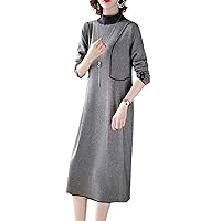 Autumn Winter Women Knitting Dresses Office Lady Turtleneck Patchwork Folds Loose Slim Dress Female