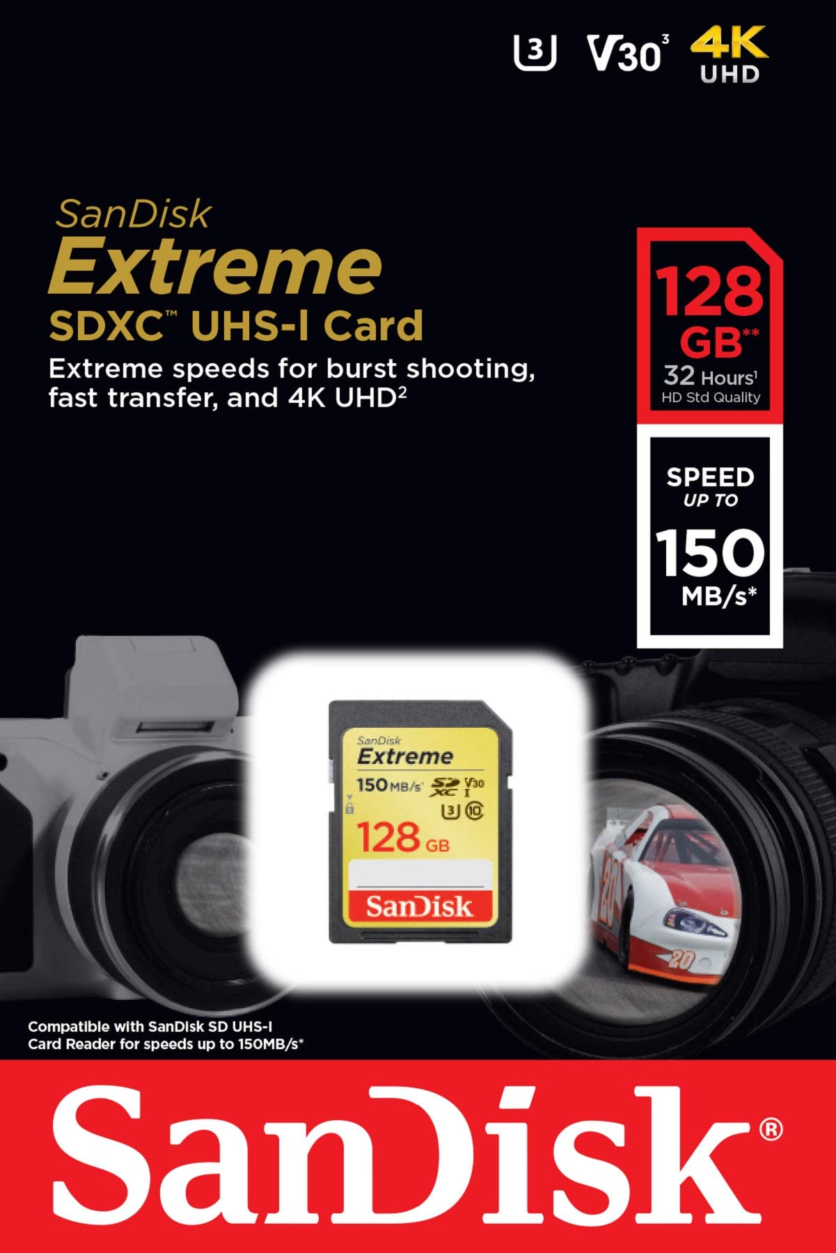 SanDisk 128GB Extreme SDXC UHS-I Memory Card - 150MB/s, C10, U3, V30, 4K UHD, SD Card - SDSDXV5-128G-GNCIN