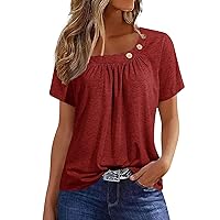Womens Henley,Womens Tops Summer Button Solid Color Ruched Short Sleeve Loose Shirts Basic Dressy Blouse Ladies 2024 Outfits Plus Size Tops for Women