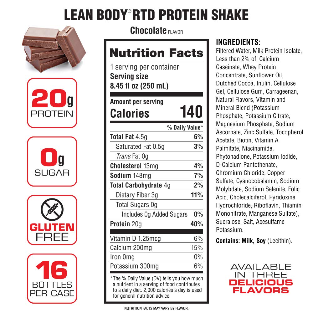 LABRADA NUTRITION - Lean Body RTD Whey Protein Shake, Convenient On-The-Go Meal Replacement Shake for Men & Women, 20 grams of Protein – Zero Sugar, Lactose & Gluten Free, Chocolate (Pack of 16)