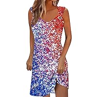 Womens 4th of July Outfits 4th of July Dress for Women America Flag Print Sexy Vintage Fashion with Sleeveless Round Neck Splice Dresses Deep Red X-Large