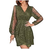 Womens Long Sleeve Deep V-Neck Formal Dress Pleated Waist Mini Dresses Summer Flowy Mesh Swing Party A-Line Dresses