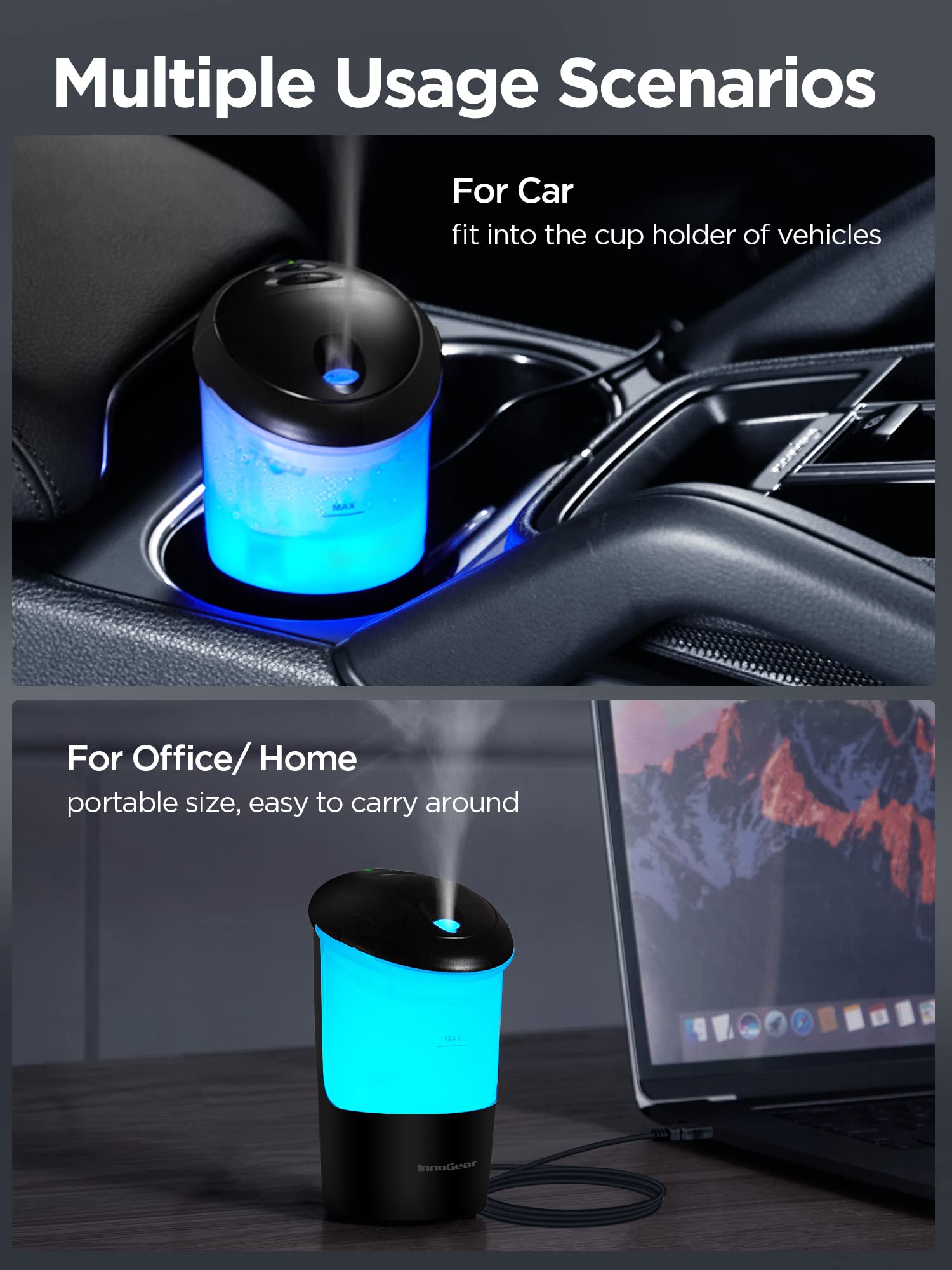 InnoGear Car Diffuser, USB Oil Diffuser Ultrasonic Car Humidifier Cool Mist Mini Portable Diffuser Automobile Aroma Diffusers for Vehicle Home Office Travel, Black