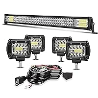 LED Light Bar 32 Inch 441W Triple Row Flood Spot Combo Beam Offroad Driving Light 4Pcs 4 Inch 60W LED Cubes Lights with 3-Leads Wiring Harness for Jeep Trucks ATV UTV Polaris SUV Boats