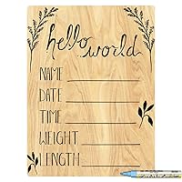Hello World Newborn Baby Announcement Sign with Printed Wood Surface, 12 by 16 Inches, Blue Marker