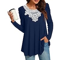 CATHY Women Tunic Tops Long Sleeve Fall Casual Fashion Crochet Lace T-shirt Pleated Fit Blouses