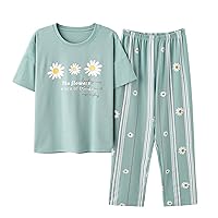 Vopmocld Big Girls' 2-Piece Cotton Pajamas Cute Cat Panda Sleepwear Short Sleeve Long Pants Nighty Sets