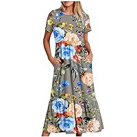 Summer Dresses for Women 2024 Crew-Neck Short Sleeve Casual Long Dresses Floral Printed Fashion Elegant Slim A-Line Dress