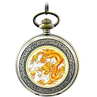 Yellow Chinese Dragon Bronze Roman Numerals Steel Mechanical Pocket Watch