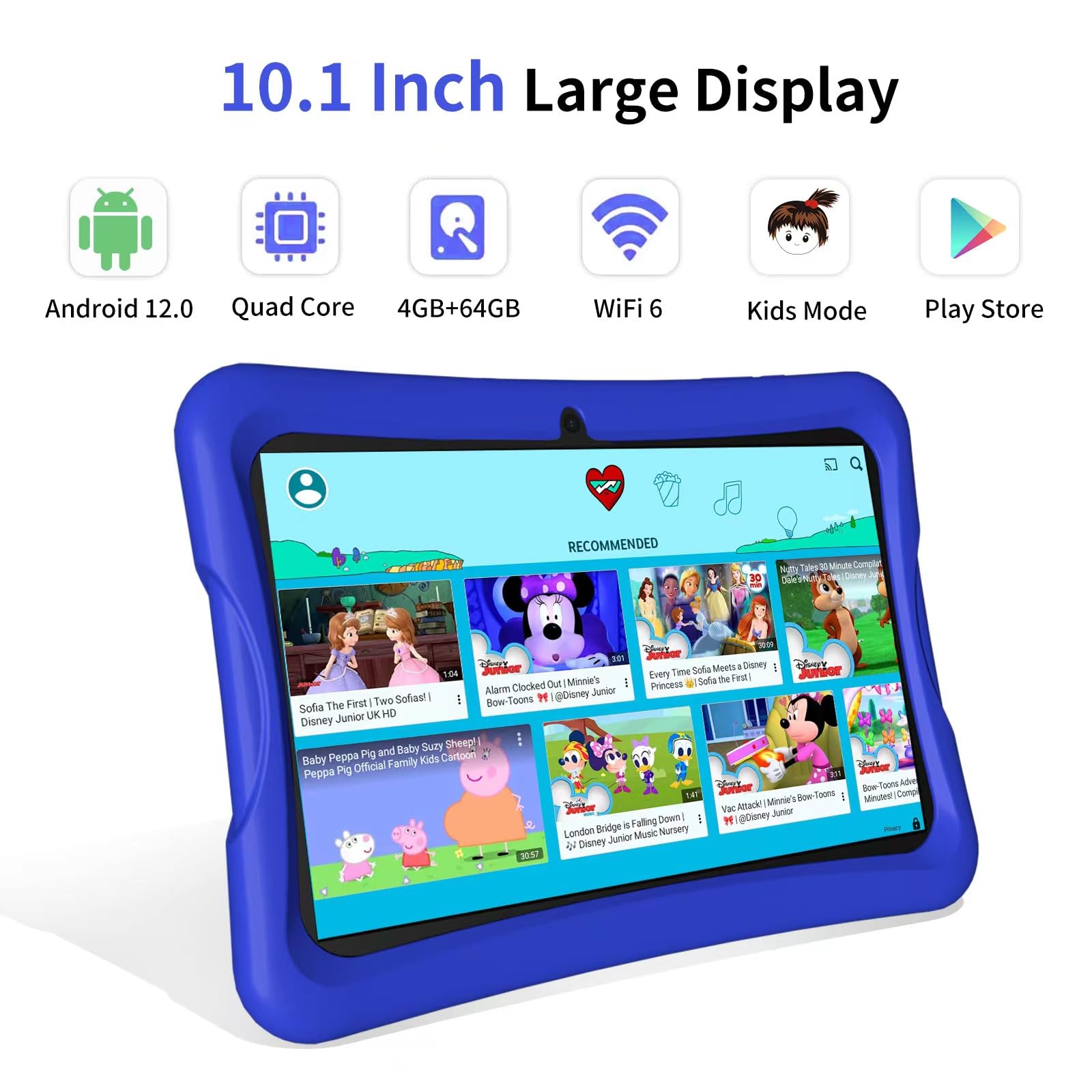 VNEIMQN Kids Tablet, 10 Inch Tablet for Kids, RAM 4GB+64GB ROM Android 12, WiFi 6, 12H Battery, Toddler Tablet, Parental Control, 2-Year Guarantee, 1280*800 HD Display, Dual Camera with case Included
