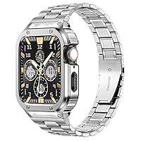 MioHHR Stainless Steel Watch Band with Case Compatible with Apple Watch Series 9/8/7(45mm),Rugged Strap with Metal Protective Bumper Cover for iWatch Band Men(Silver)