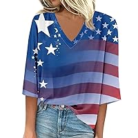 Summer Tops for Women 2024 Casual, Women's Shirt Blouse Loose Shirts 3/4 Sleeve V Neck T-Shirts Tee 4Th of July