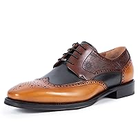 Men's Flat Dress Oxfords Textured Prints Shoes Brogue Genuine Leather Lace-Up Formal Office Shoes