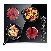 Electric Cooktop 24 Inch, 4 Burner Electric Stove Top 6000W, Built-in Radiant Electric Stovetop with 9 Heating Level, Auto Shut Down Protection, Knob Control, 220-240V Hard Wired (No Plug)