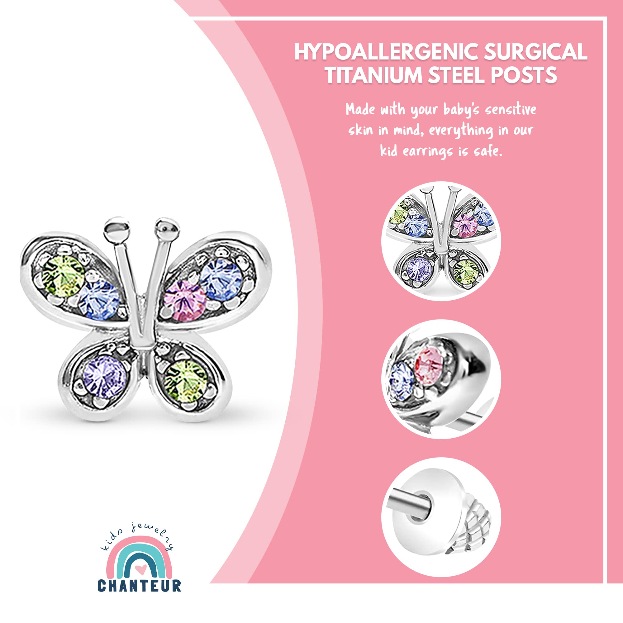 Kids Hypoallergenic Earrings, Butterfly Earrings for Girls, White Gold Toned Baby Earrings, Jewelry for Kids, Earring Set with Colorful Crystals, Available in Screwback & Hoop Leverback Jewelry
