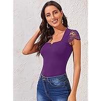 Women's Tops Sexy Tops for Women Shirts Notch Neck Guipure Lace Sleeve Top (Color : Purple, Size : X-Large)