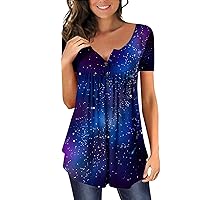 Womens Tops Dressy Casual Pleated Short Sleeve Blouses for Women Tunic Tops Trendy Stars Galaxy Print Henley Shirts