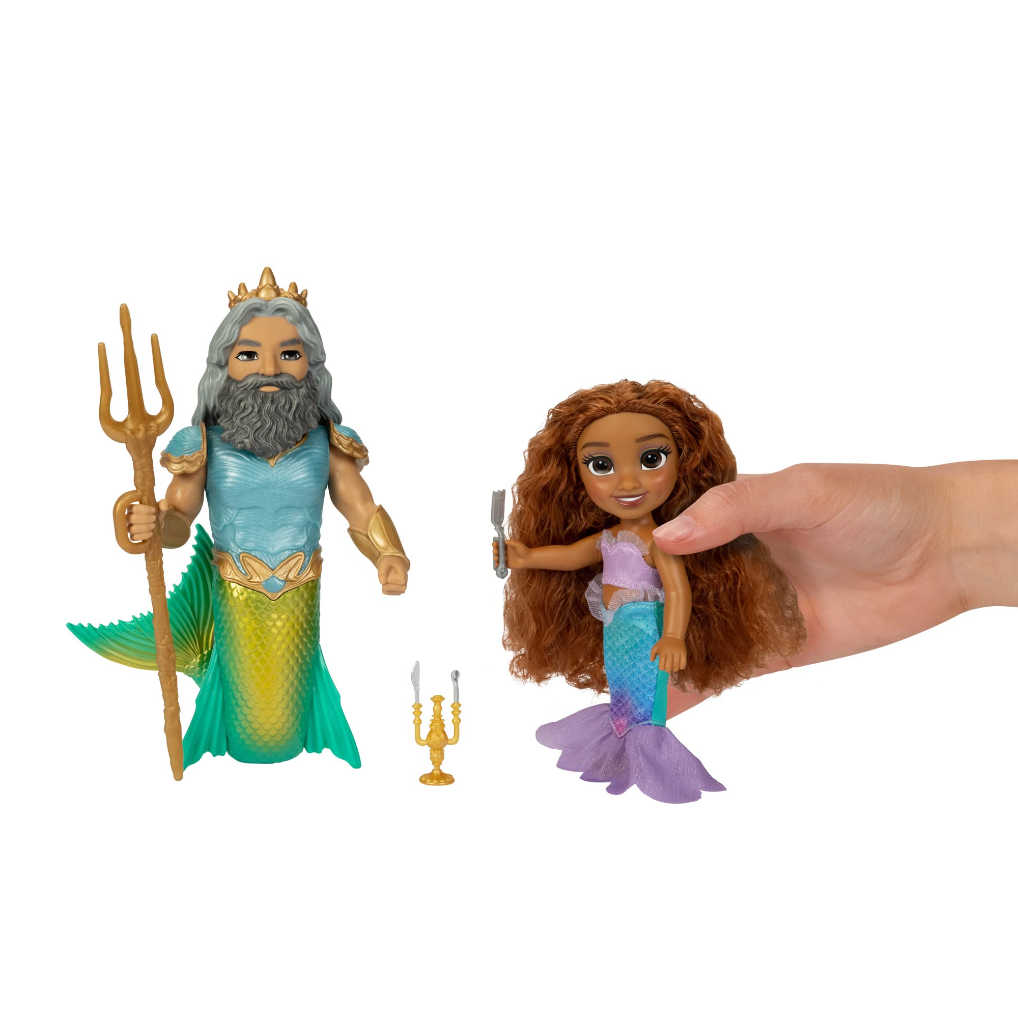 Disney The Little Mermaid Ariel Doll and King Triton Petite Gift Set, 6 Inches Tall with Dinglehopper, Candelabra and King Triton’s Trident Accessory Toys