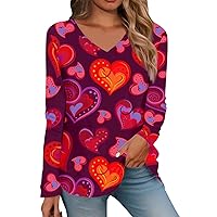 Valentine's Day Shirt Women Cute V Neck Love Heart Graphic Tees Letter Print Long Sleeve Tops Blouse