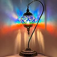 SILVERFEVER Mosaic Turkish Lamp Moroccan Glass Swan Neck Lantern for Table Desk Bedside Bronze Base Bundle with E12 Light Bulb (Blue Firebird Tail)