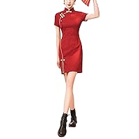 Women's Vintage Chinese Cheongsam Print Dress Short Sleeve Retro Side Slit Mini Bodycon Dress