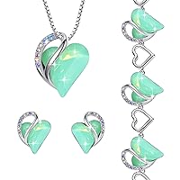 Leafael Infinity Love Heart Necklace, Stud Earrings, and Bracelet for Women, Healing Stone for Luck Crystal Jewelry, Silver Tone Gifts for Women, Opal Green