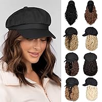Newsboy Cap with Hair Extensions Short Curly Wavy Bob Hairstyle Wig Hat Beret 8 Panel Attached 14