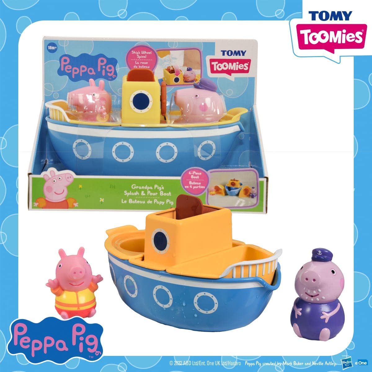 Tomy E73414 Grandpa Pig’s Splash & Pour Boat from Toomies – 4-in-1 Bath Time Peppa Pig Toy with Removable Water Sprinklers and Spinning Paddle Wheelhouse