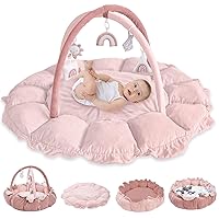HAN-MM 5-in-1 Convertible Baby Play Gym with 6 Toys, Tummy Time Mat for Sensory Development, Baby Activity Center from Newborn to Toddler, Ball Pit, Cat & Dog Bed, Soft Plush Pet Bed, Pink