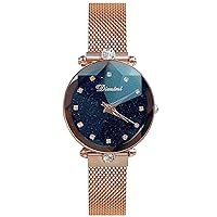 RORIOS Fashion Women's Analogue Quartz Watch Wrist Watches Mesh Bracelet Starry Sky Simulated Diamond Dial Waterproof Watch Ladies Watches