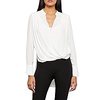 BCBGMAXAZRIA Women's Relaxed Long Sleeve Faux Wrap Blouse Scoop Neck Surplice Top