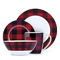 Safdie & Co. 16-Piece Red, Black Plaid Dinnerware Set, Porcelain, Includes Bowls, Plates, and Mugs, Dishwasher Safe