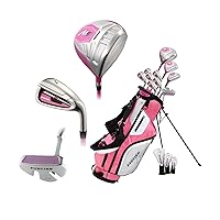M5 Ladies Womens Complete Right Handed Golf Clubs Set Includes Titanium Driver, S.S. Fairway, S.S. Hybrid, S.S. 5-PW Irons, Putter, Stand Bag, 3 H/C's Pink