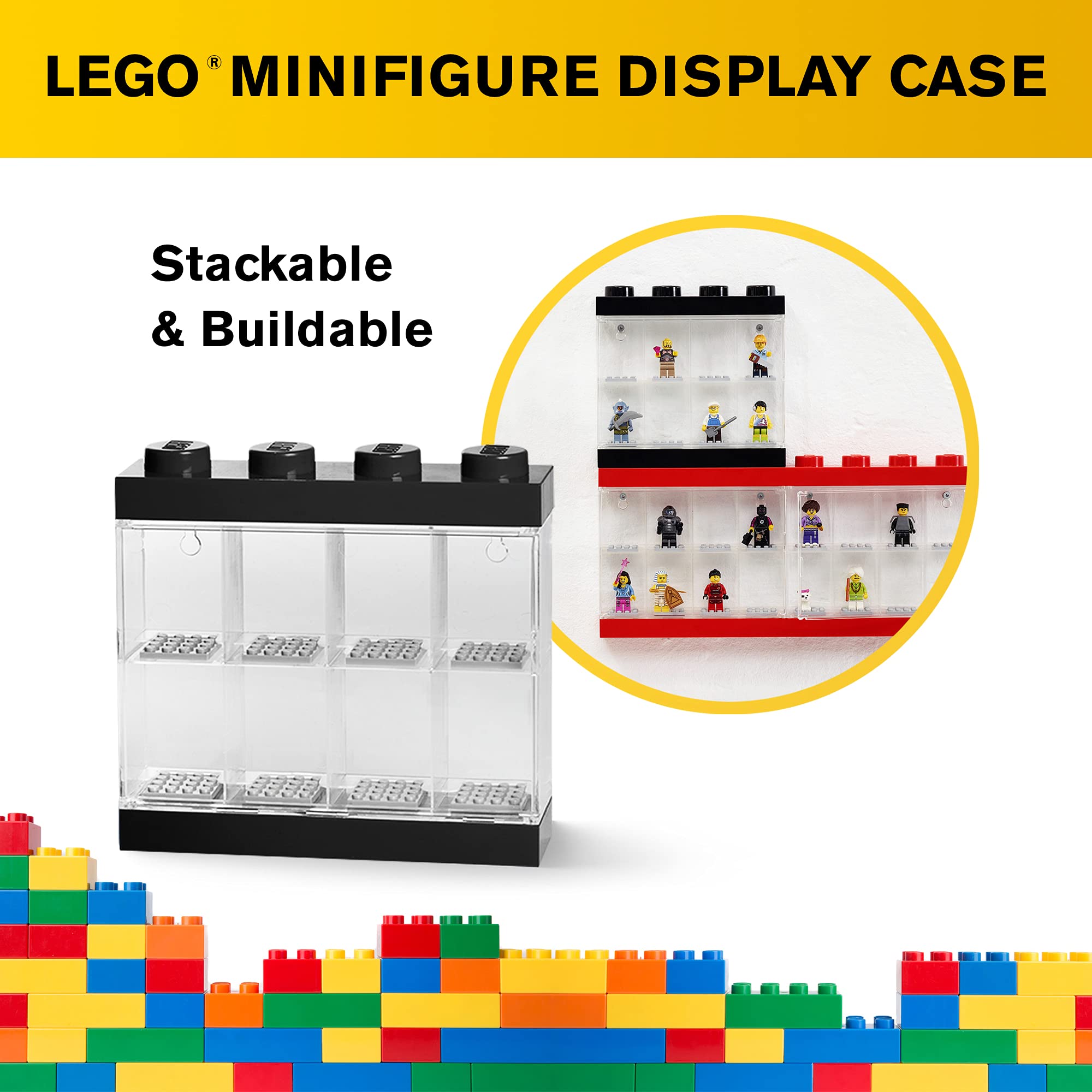 Room Copenhagen, LEGO Minifigure Display Case - Stackable Storage Container for Desktop or Wall Mounting Collectible Figurines - 7.52 x 7.24in - 4 Stud, Black - Holds 8 Standard Brick People