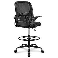 Primy Drafting Chair Tall Office Chair with Flip-up Armrests Executive Ergonomic Computer Standing Desk Chair with Lumbar Support and Adjustable Footrest Ring (Black)