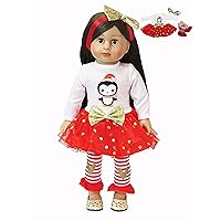Red & Gold Penguin Long Sleeved Dress Outfit with Bow Headband for 18-Inch Dolls | Premium Quality & Trendy Design | Dolls Clothes
