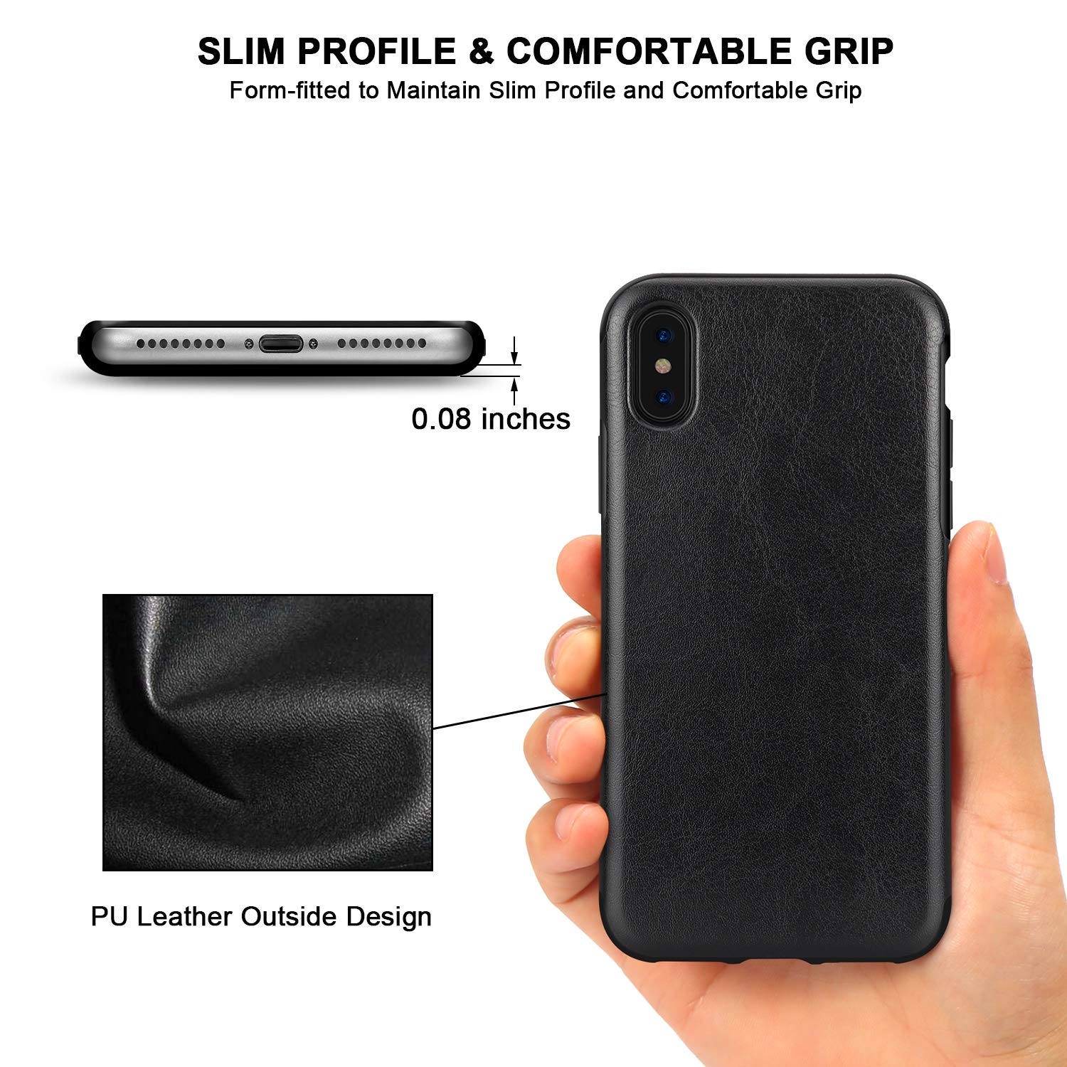 TENDLIN Compatible with iPhone Xs Case/iPhone X Case Premium Leather Outside and Flexible TPU Silicone Hybrid Slim Case (Black)
