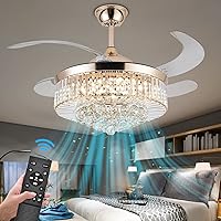 36'' Stepless Dimming Chandelier Crystal Ceiling Fan with Lights, Reversible Modern Fandelier with Remote Retractable Invisible Blades 6 Speeds Indoor Ceiling Fan Light for Living Room Bedroom Kitchen