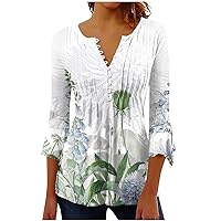 Womens Workout Tops V Neck Bell Sleeve 3/4 Sleeve Comfortable Oversize with Buttons Graphic Ruffle Womens Casual Tops