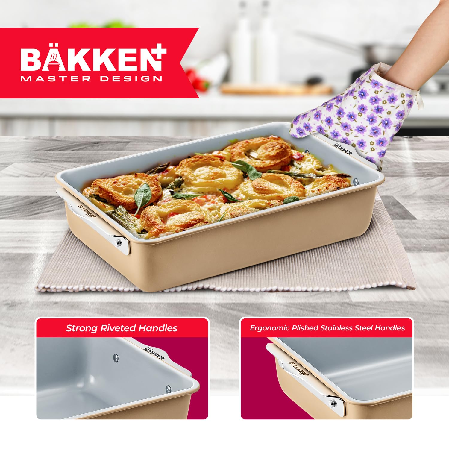 Bakken 8-Piece Stackable Bakeware Set - Aluminized Steel with Ceramic Non-Stick Coating, PFOA & PFAS Free - Healthy Baking, Ergonomic Handles, Cooling Rack, Non-Toxic, Oven-Safe, Durable Quality