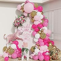 135Pcs Pink Leopard Print Balloon Garland Arch Kit Jungle Safari Animal Printed Balloon Arch Hot Pink Chrome Gold Balloons for Baby Shower Girls Wild One Birthday Party Decorations (Pink)